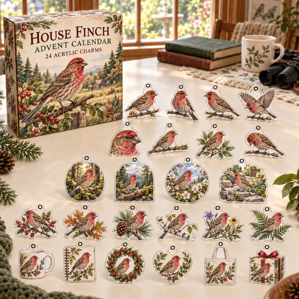 House Finch advent calendar box with 24 themed flat printed acrylic charms