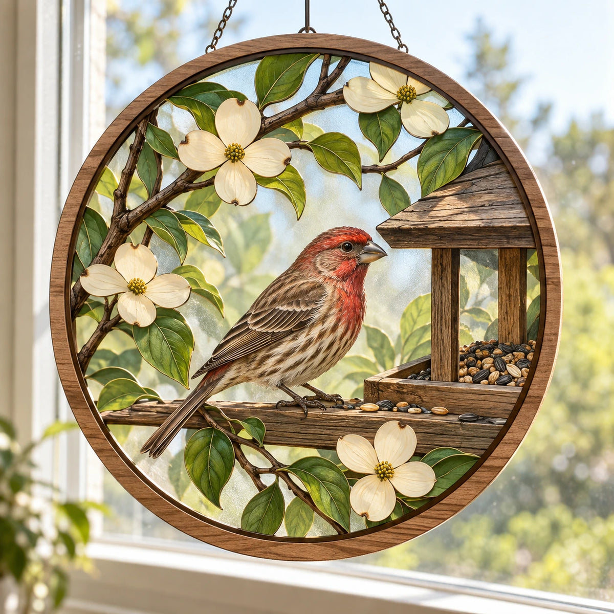 House Finch Garden Feeder Wood & Acrylic Suncatcher with printed dimensional artwork