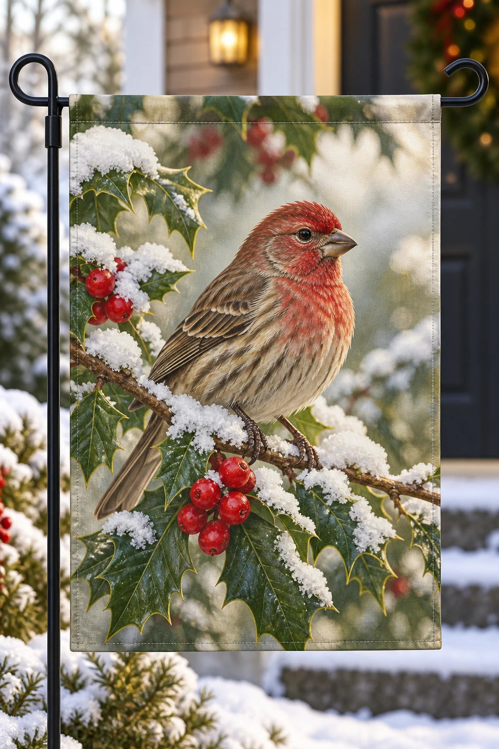 House Finch Winter Holly Garden Flag with printed dimensional artwork