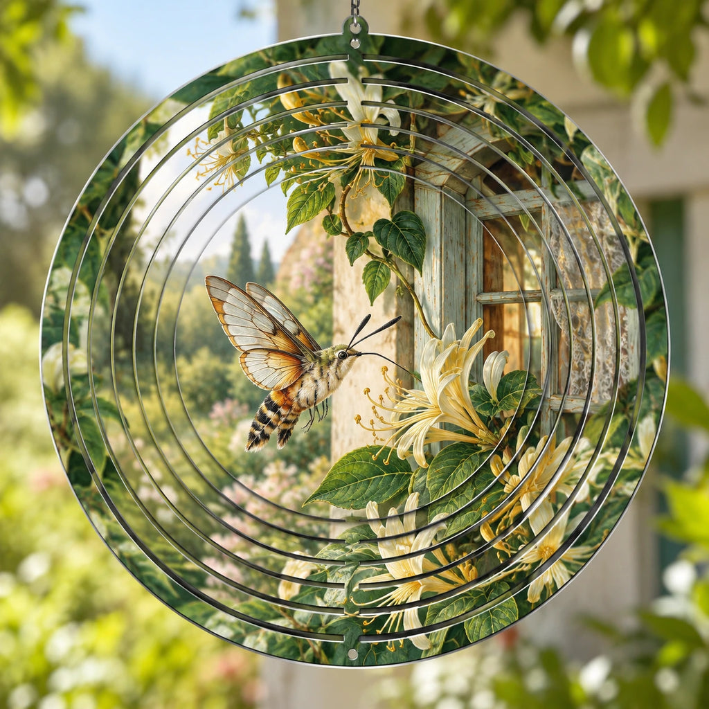 Hummingbird Moth Cottage Window Wind Spinner with printed dimensional artwork