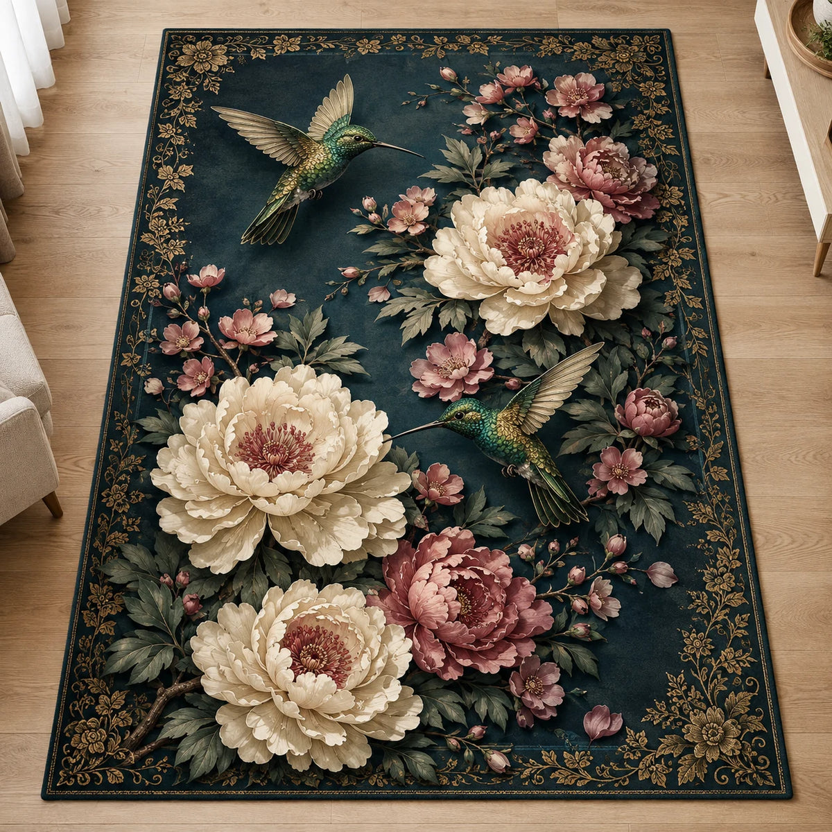 Two green hummingbirds among ivory and dusty rose peonies on a dark teal rug with a fine gold botanical border.