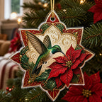 Hummingbird Poinsettia Star christmas ornament with a dimensional printed design in a hummingbird christmas setting
