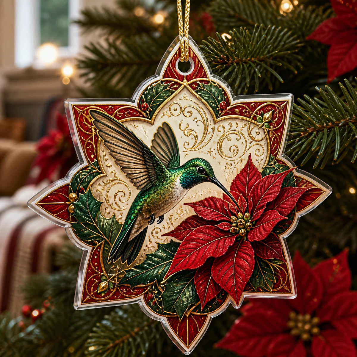 Hummingbird Poinsettia Star christmas ornament with a dimensional printed design in a hummingbird christmas setting