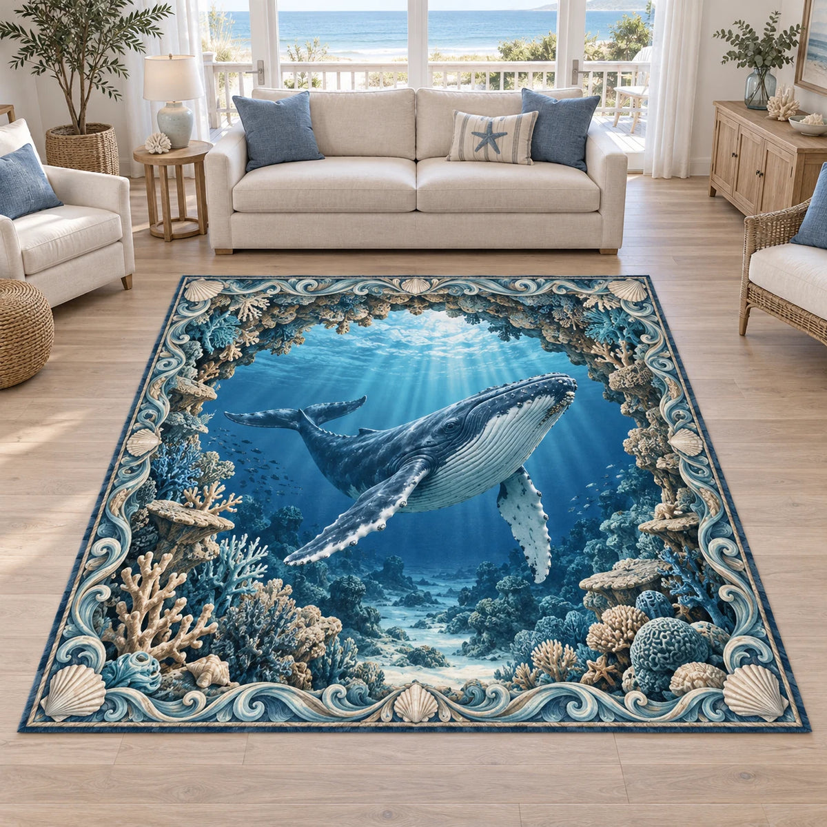 Complete rectangular rug with wave and scallop-shell border; coherent humpback whale beyond layered coral.