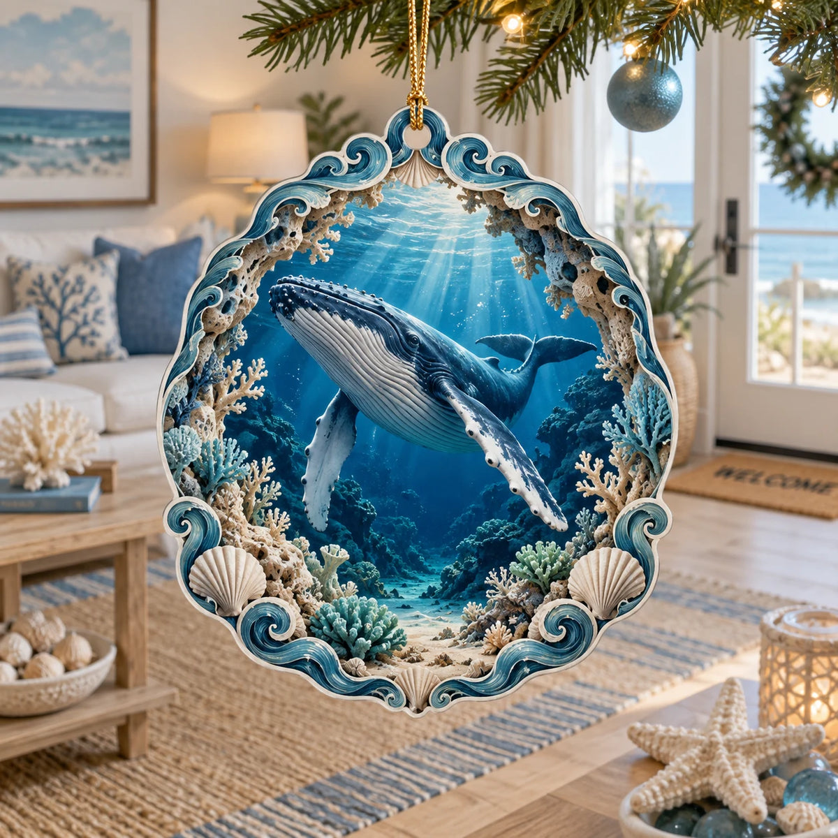 Complete acrylic ornament with supported gold cord and wave-shell edge around a humpback whale in blue ocean.