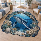 Complete custom outline with navy binding around coral, shells and a humpback whale in deep blue water.