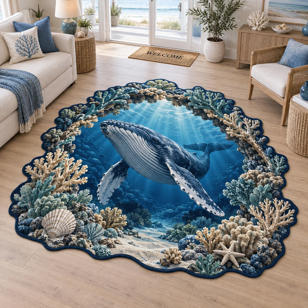 Complete custom outline with navy binding around coral, shells and a humpback whale in deep blue water.