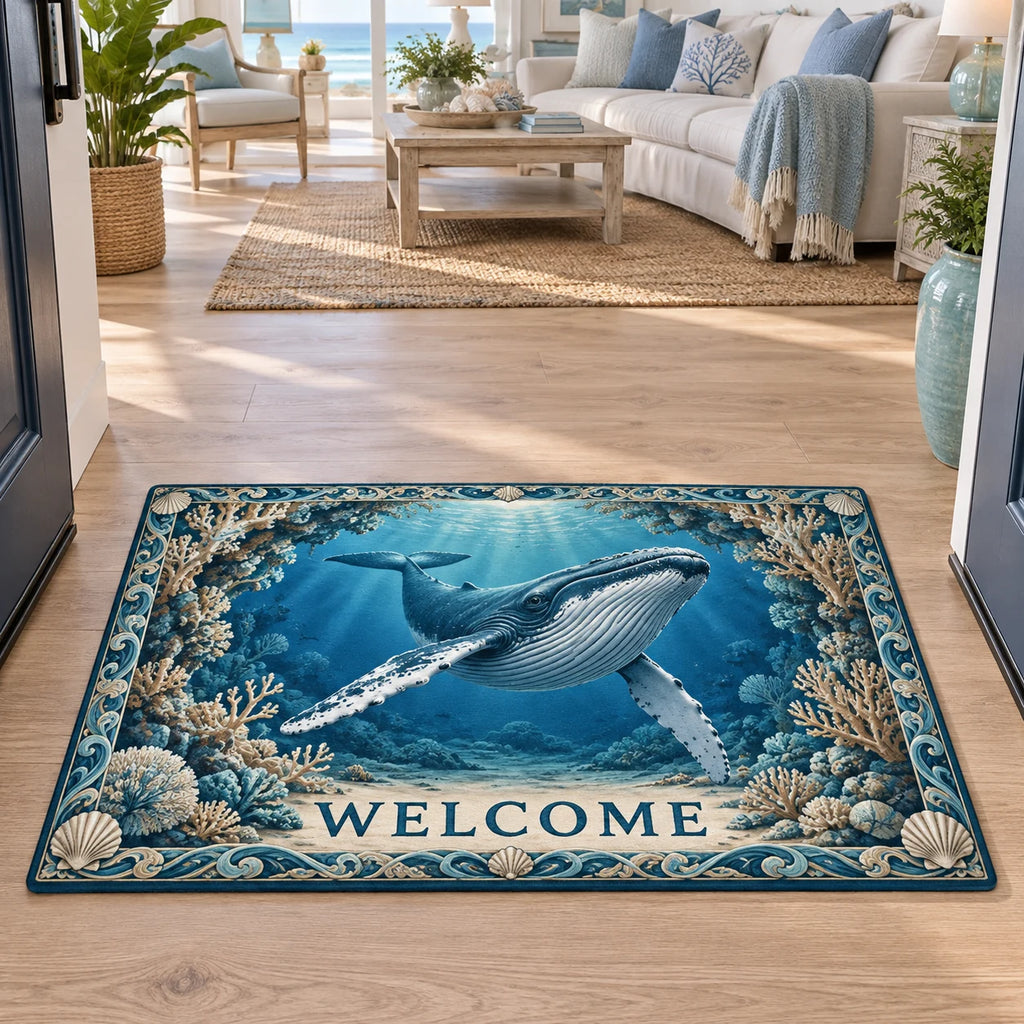 Complete doormat with correct WELCOME, humpback whale, coral and wave-shell border.