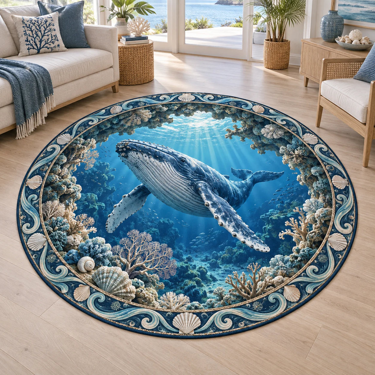 Complete circular rug with wave-and-shell ring around a humpback whale, coral arch and deep blue light shafts.