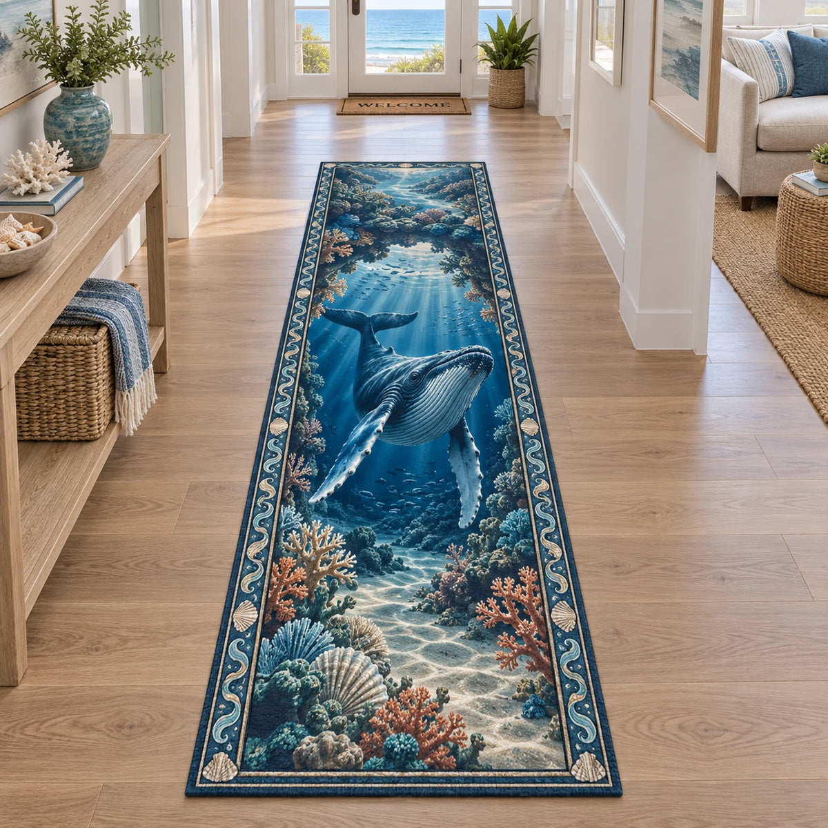 Complete runner with wave-and-shell border, a humpback whale and receding sandy seabed under blue light rays.