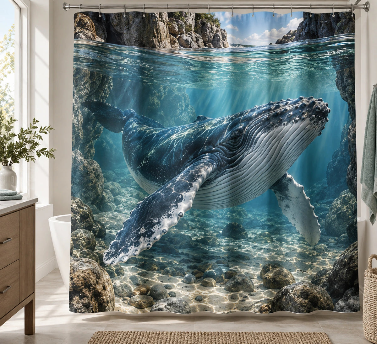Humpback Whale Tidepool Window Shower Curtain with printed dimensional artwork