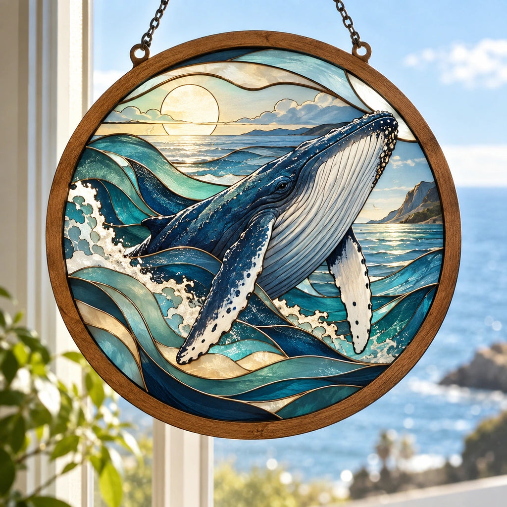 Humpback Whale Wave Portal Wood & Acrylic Suncatcher with printed dimensional artwork