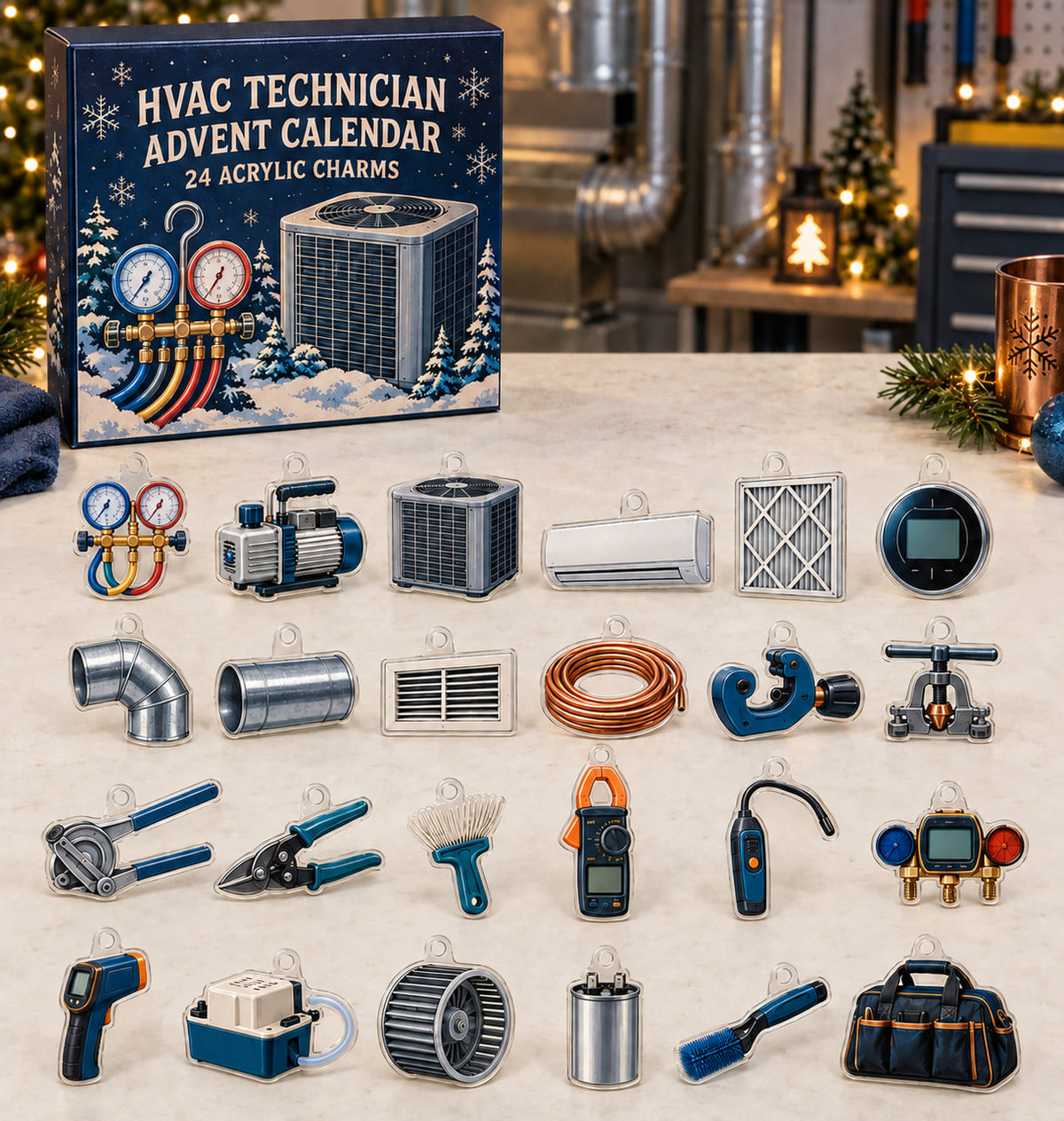 HVAC Technician advent calendar with 24 custom-shaped flat acrylic charms and printed dimensional artwork