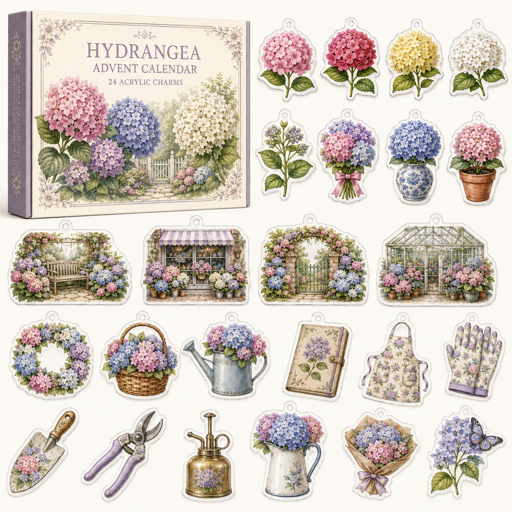 Hydrangea advent calendar box and 24 floral printed acrylic charms