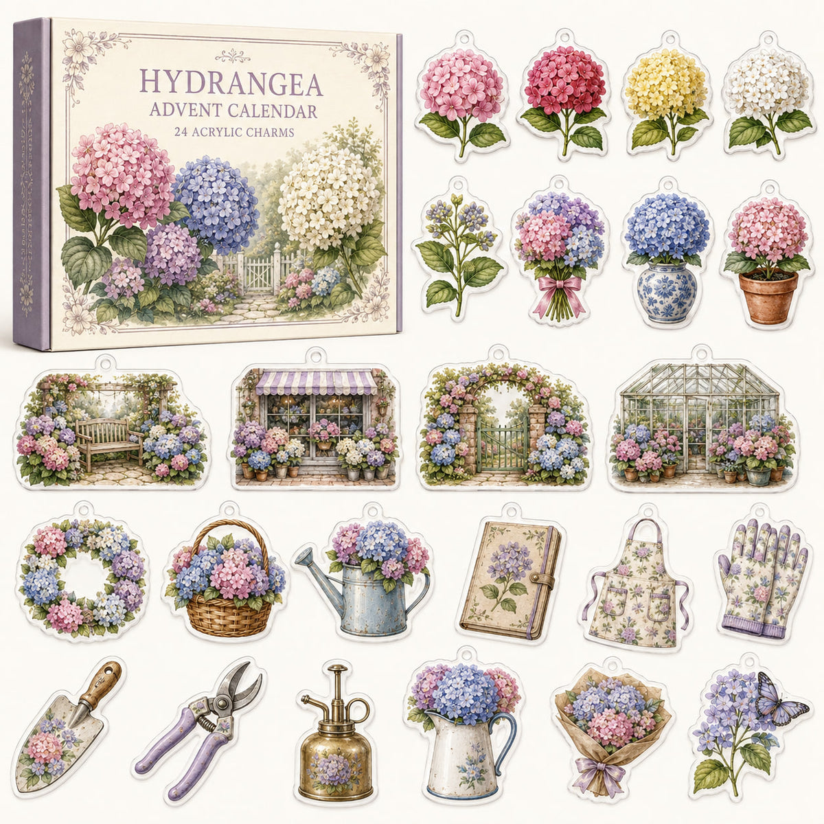 Hydrangea advent calendar box and 24 floral printed acrylic charms