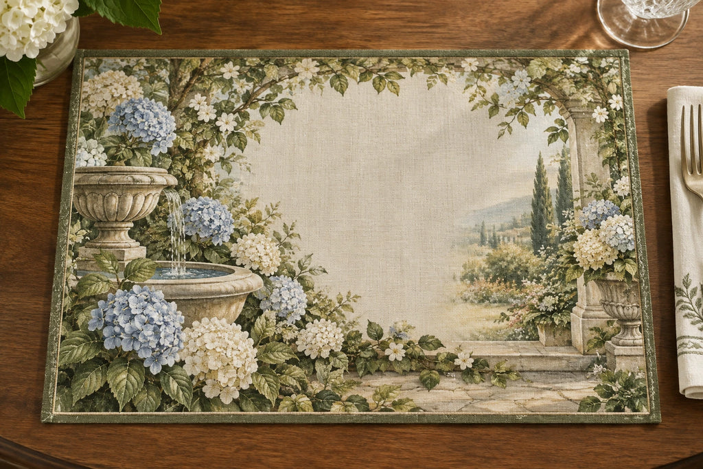 Hydrangea Stone Fountain Placemat with printed dimensional artwork