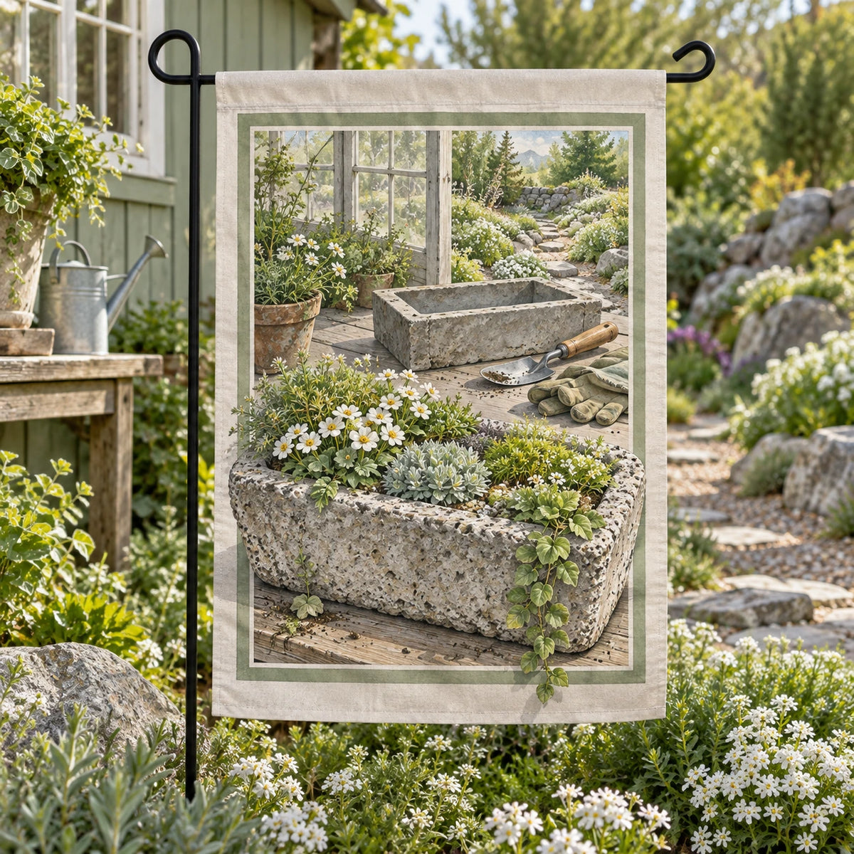 Hypertufa Trough Workshop Garden Flag with original printed optical 3D artwork