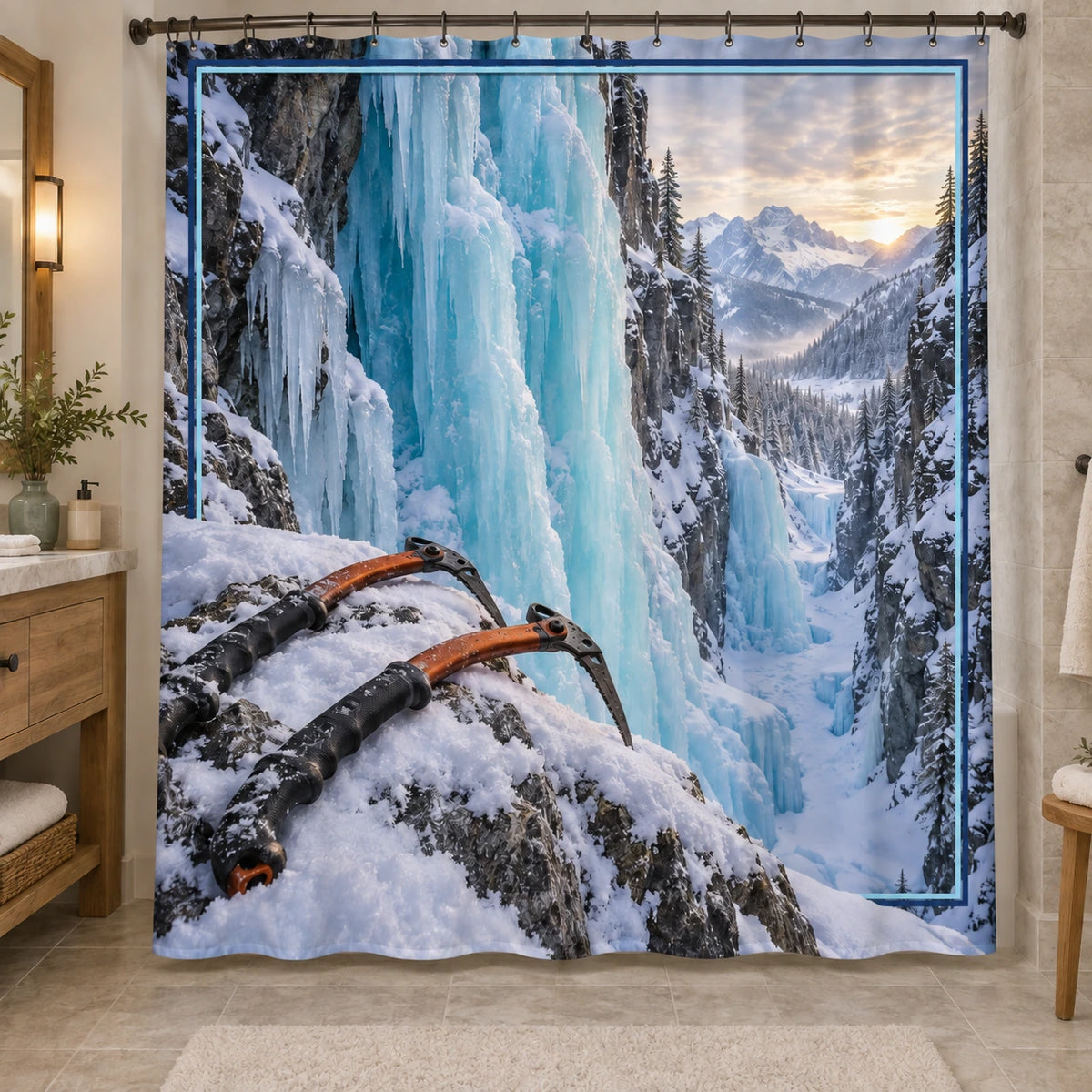 Ice Climbing Frozen Falls Shower Curtain with original printed optical 3D artwork
