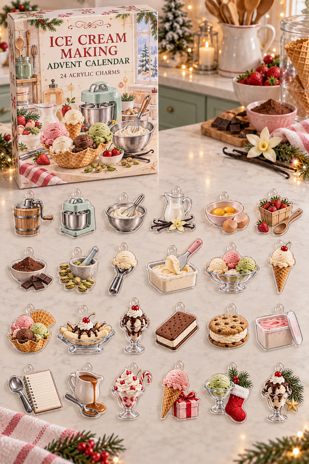 Ice Cream Making advent calendar with 24 custom-shaped flat acrylic charms and printed dimensional artwork