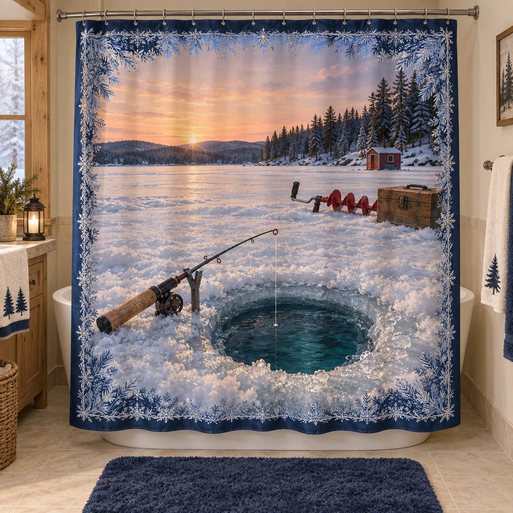 Ice Fishing Frosted Lake Shower Curtain with original printed optical 3D artwork