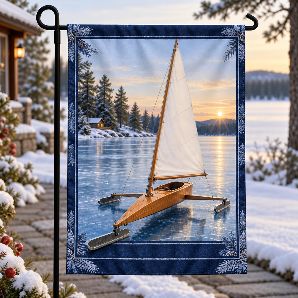 Iceboating Frozen Lake Garden Flag with original printed optical 3D artwork