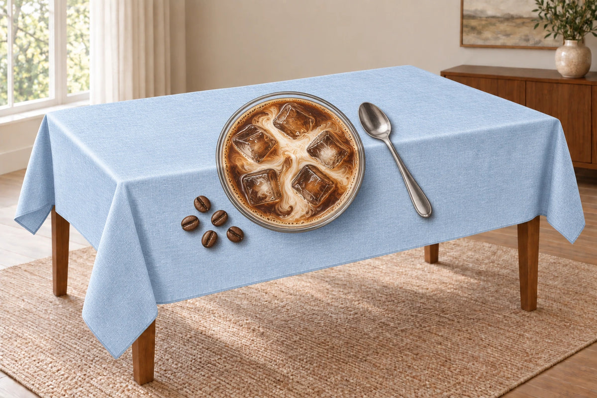 Iced Latte Milk Swirl Tablecloth with overhead printed ice and coffee depth