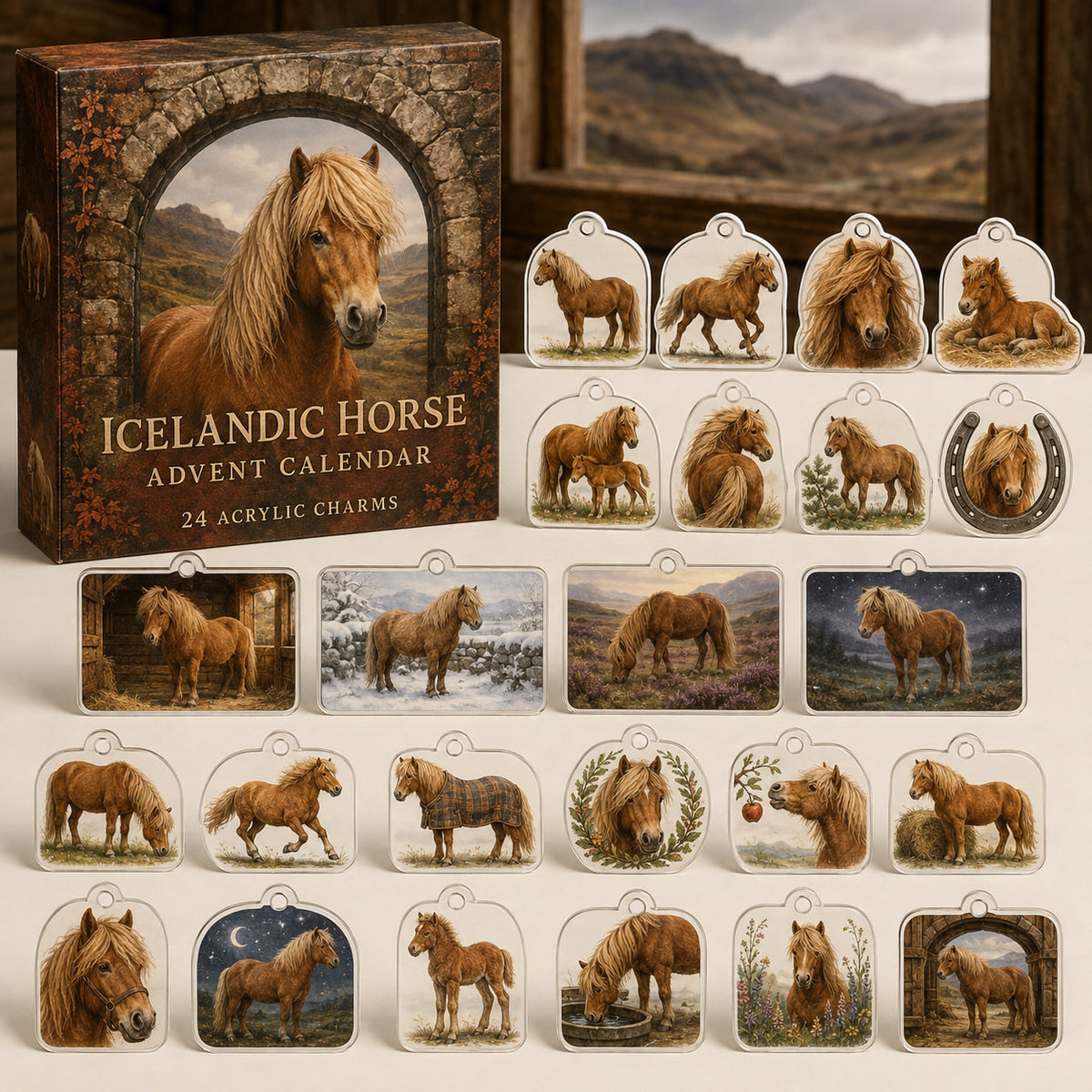 Icelandic Horse calendar box and24 printed acrylic equestrian charms