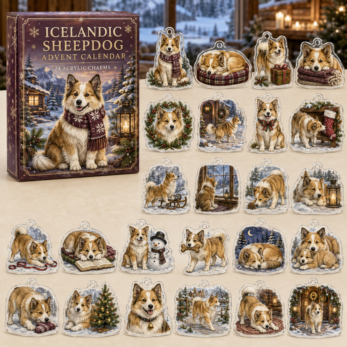 Icelandic Sheepdog advent calendar box and 24 illustrated acrylic charms displayed on an ivory tabletop in a winter setting