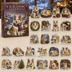 Icelandic Sheepdog advent calendar box and 24 illustrated acrylic charms displayed on an ivory tabletop in a winter setting
