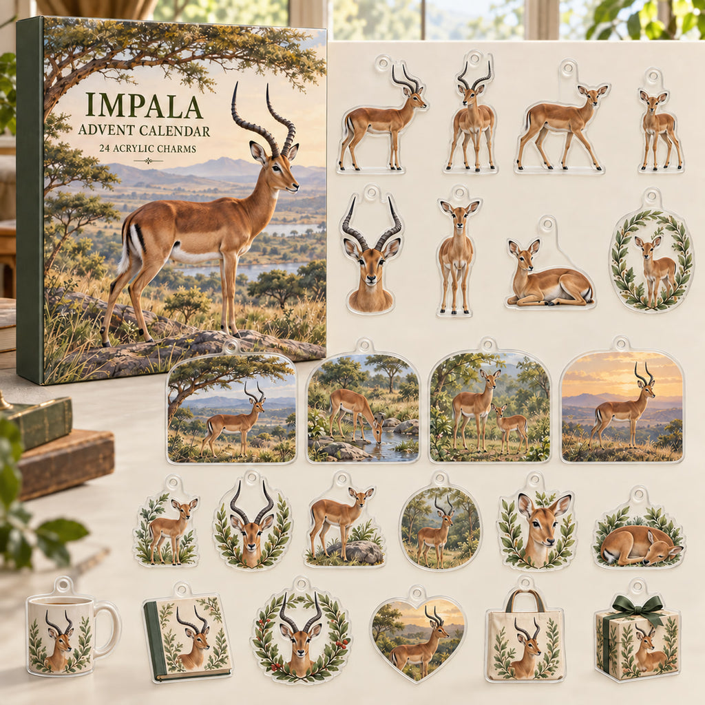 Impala advent calendar box with 24 themed flat printed acrylic charms