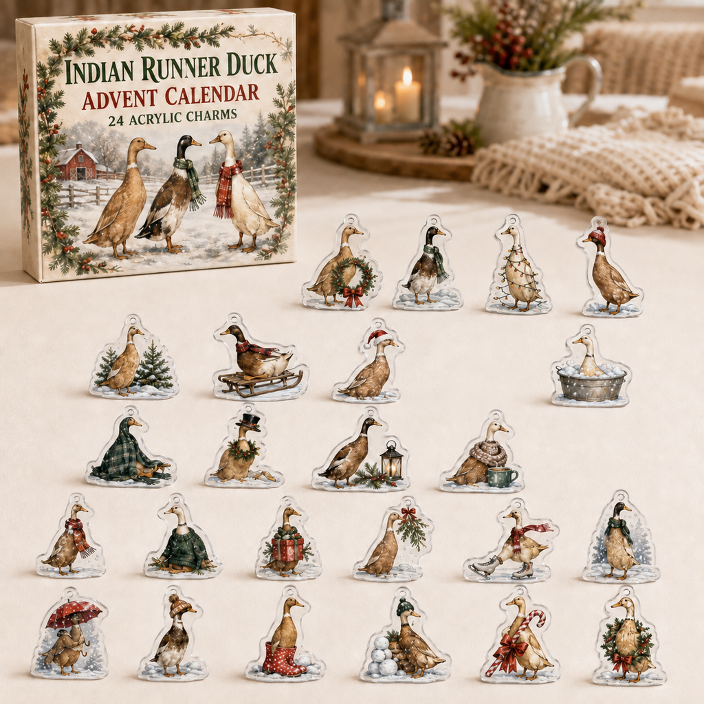 Indian Runner Duck advent calendar box and full set of 24 illustrated acrylic charms on a light tabletop