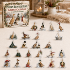 Indian Runner Duck advent calendar box and full set of 24 illustrated acrylic charms on a light tabletop