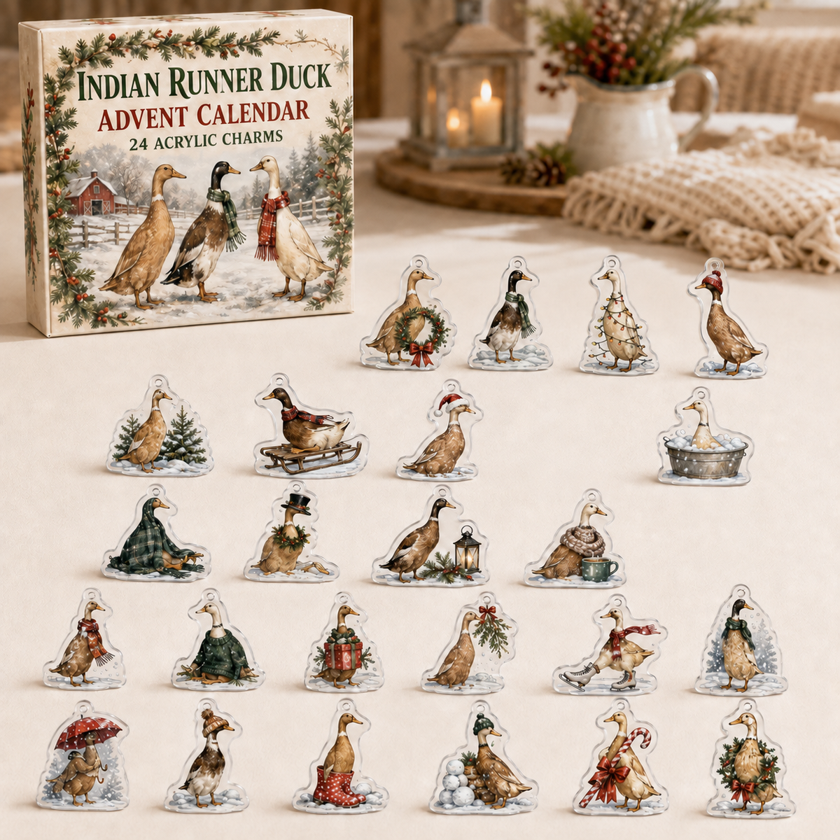 Indian Runner Duck advent calendar box and full set of 24 illustrated acrylic charms on a light tabletop