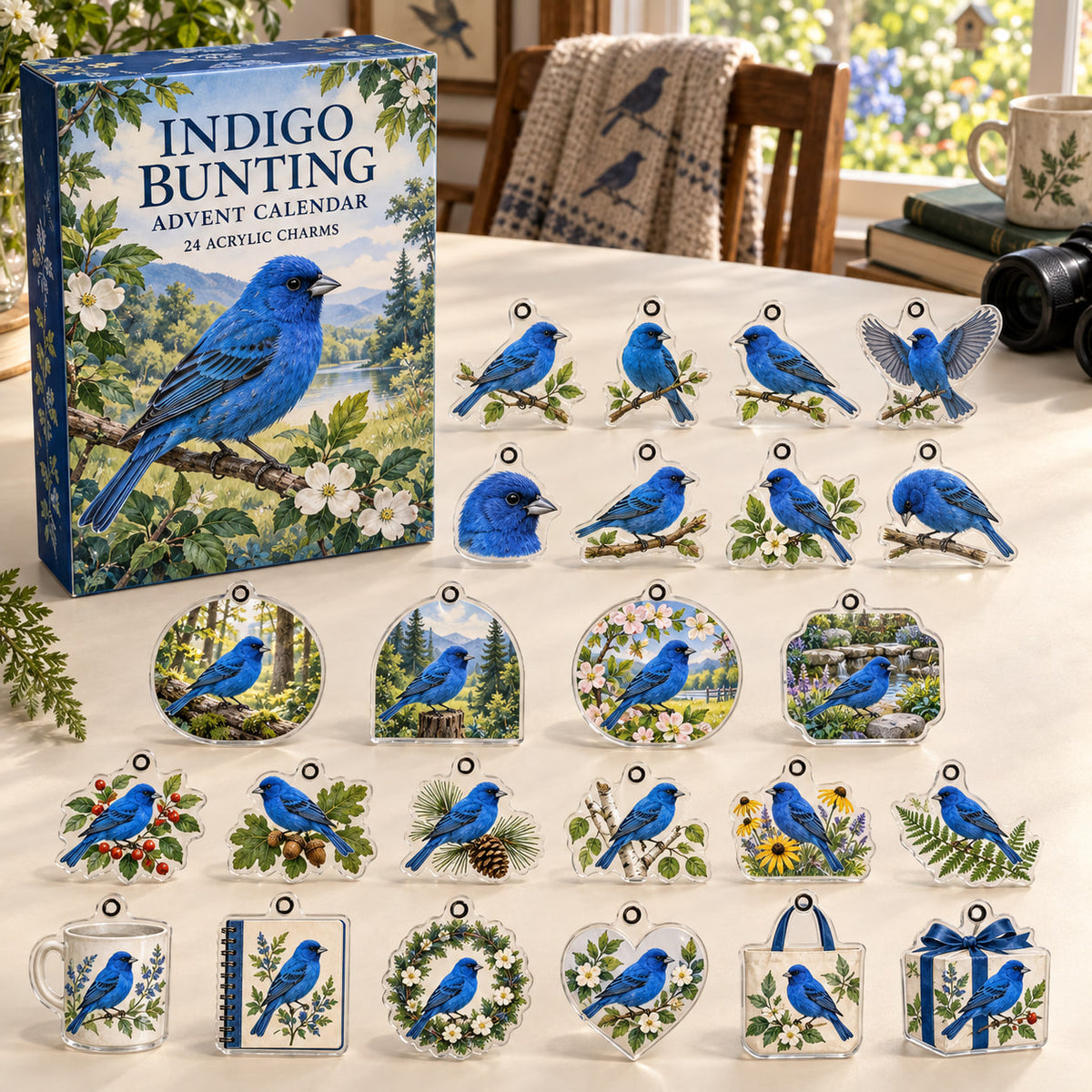 Indigo Bunting advent calendar box with 24 themed flat printed acrylic charms