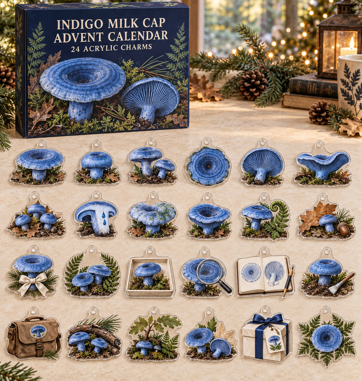 Indigo Milk Cap advent calendar with 24 custom-shaped flat acrylic charms and printed dimensional artwork