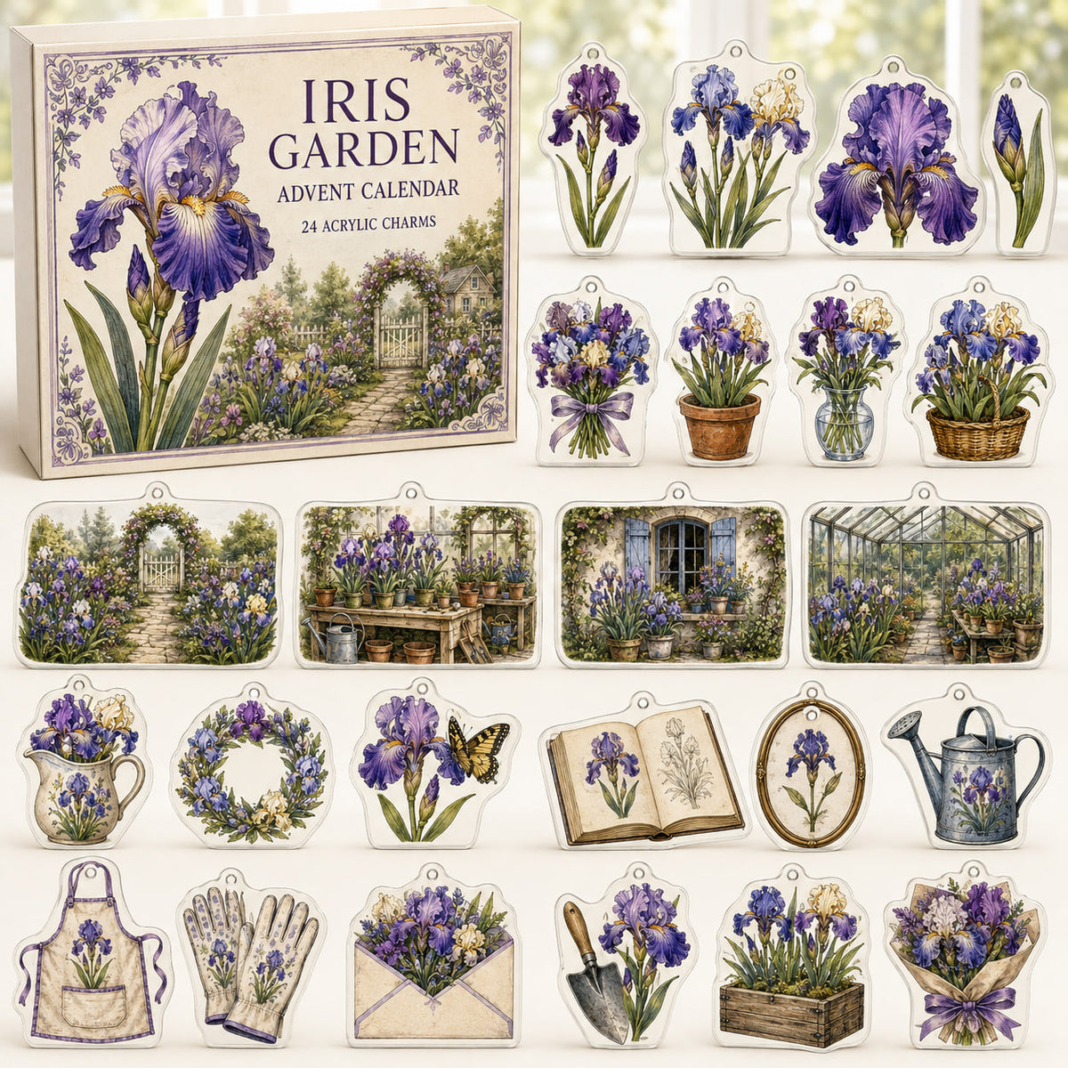 Iris Flower advent calendar box with 24 printed acrylic flower charms