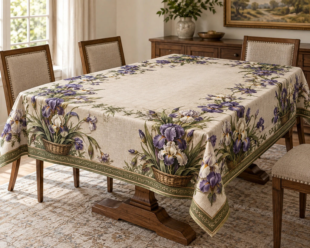Iris Garden Basket Tablecloth with printed dimensional artwork