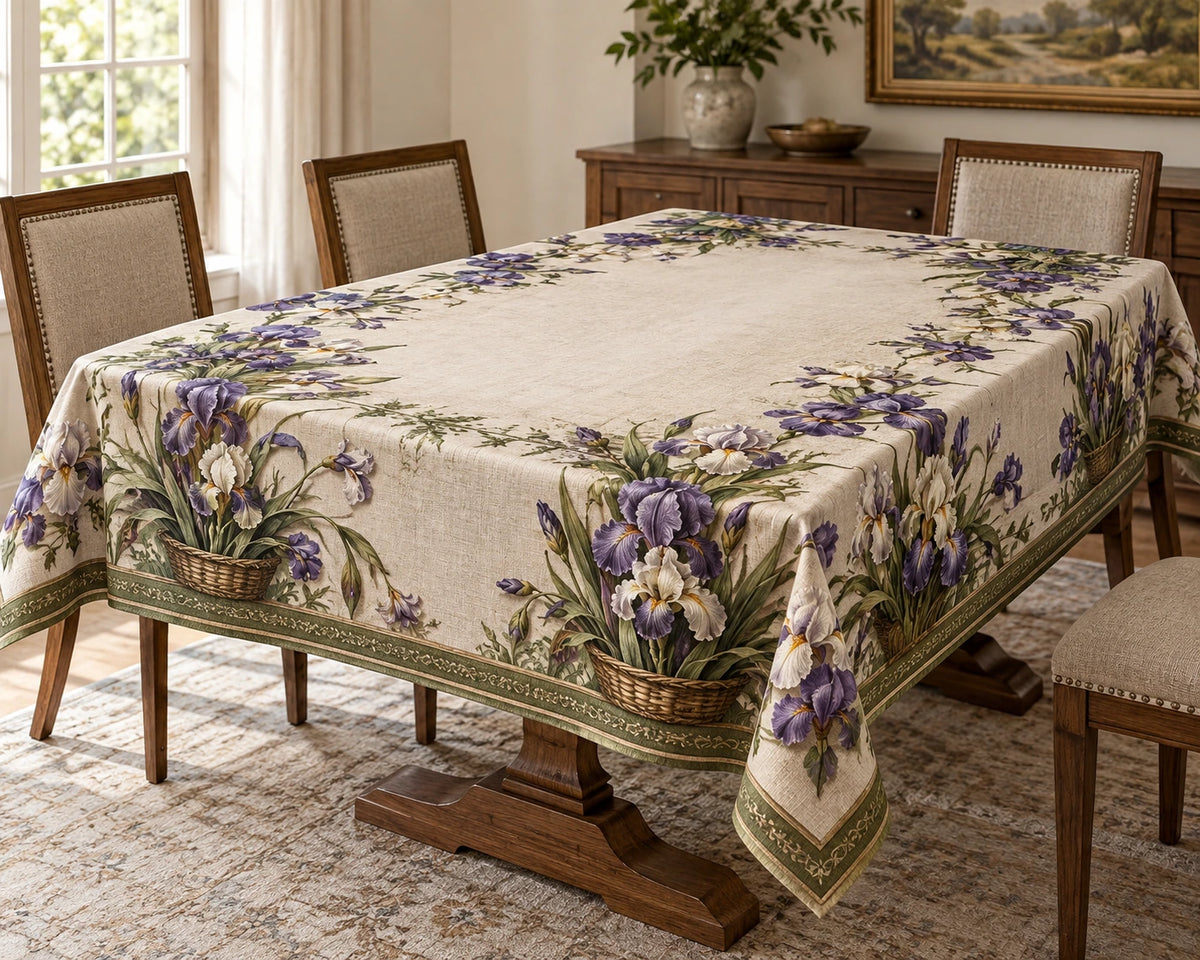 Iris Garden Basket Tablecloth with printed dimensional artwork