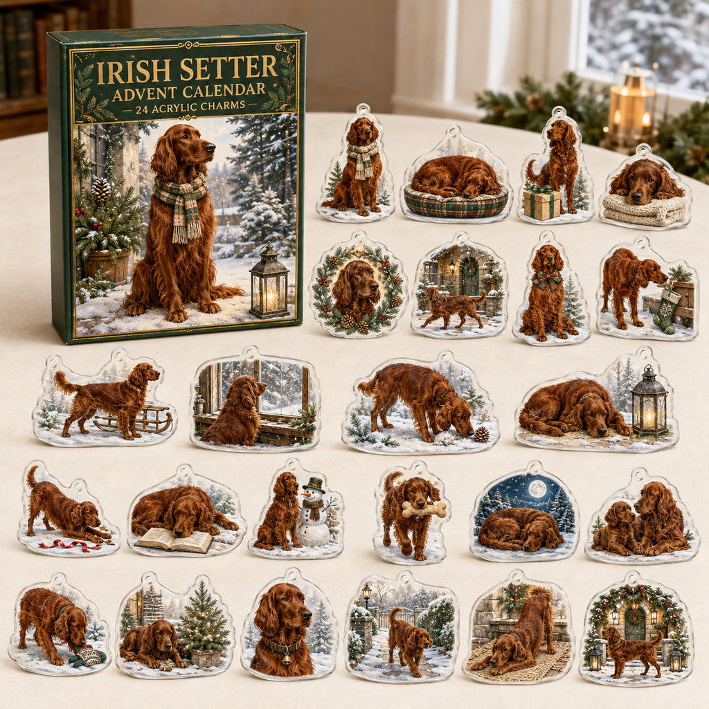 Irish Setter advent calendar box and 24 illustrated acrylic charms displayed on an ivory tabletop in a winter setting