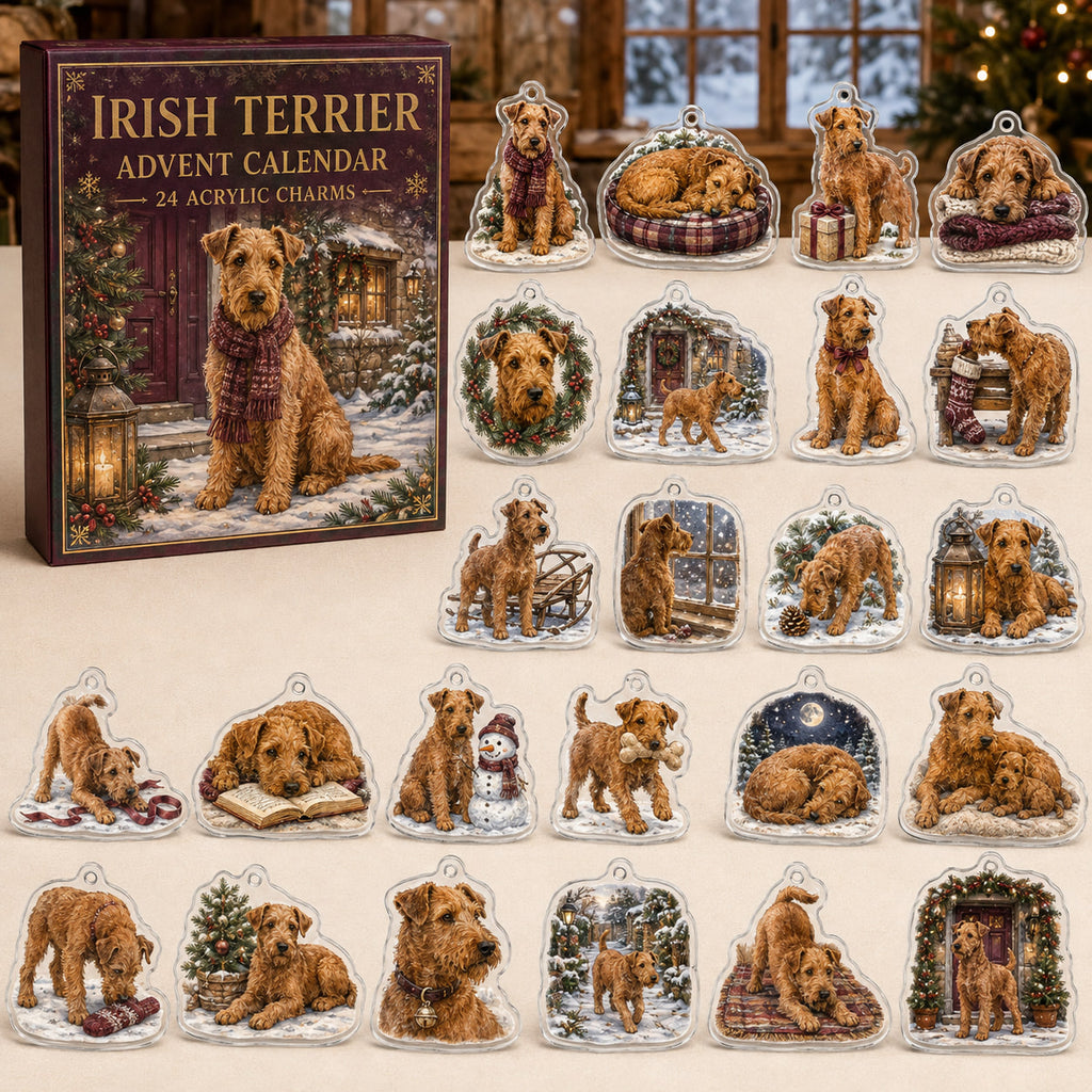 Irish Terrier advent calendar box and 24 illustrated acrylic charms displayed on an ivory tabletop in a winter setting