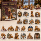 Irish Terrier advent calendar box and 24 illustrated acrylic charms displayed on an ivory tabletop in a winter setting