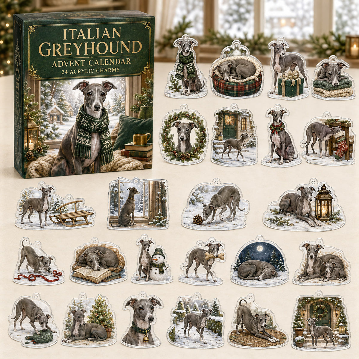 Italian Greyhound advent calendar box and 24 illustrated acrylic charms displayed on an ivory tabletop in a winter setting