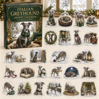 Italian Greyhound advent calendar box and 24 illustrated acrylic charms displayed on an ivory tabletop in a winter setting
