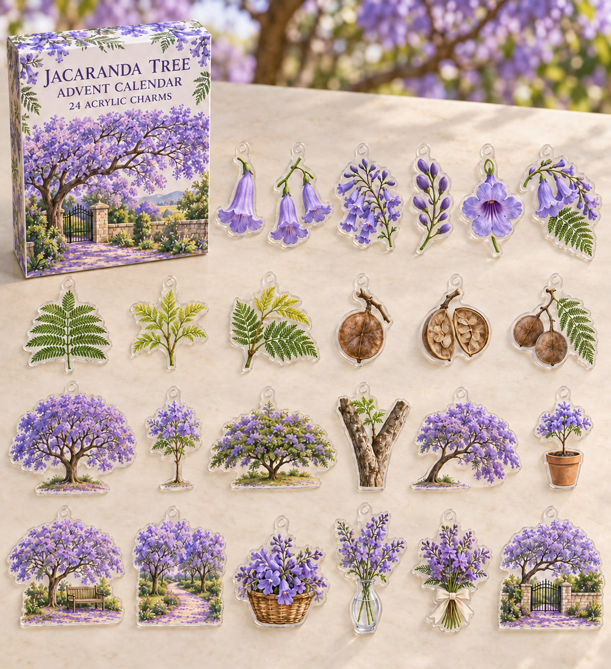 Jacaranda Tree advent calendar with 24 custom-shaped flat acrylic charms and printed dimensional artwork