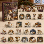 Jack Russell Terrier advent calendar box and 24 illustrated acrylic charms displayed on an ivory tabletop in a winter setting