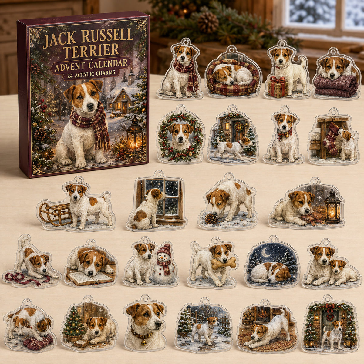 Jack Russell Terrier advent calendar box and 24 illustrated acrylic charms displayed on an ivory tabletop in a winter setting