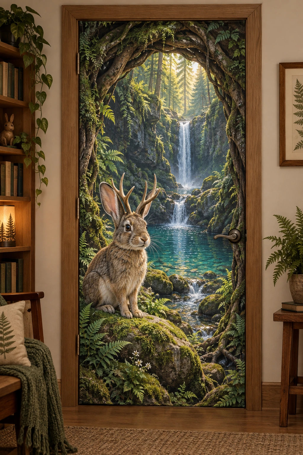 Jackalope Hidden Waterfall Fabric Door Cover with flat printed jackalope and woodland waterfall depth