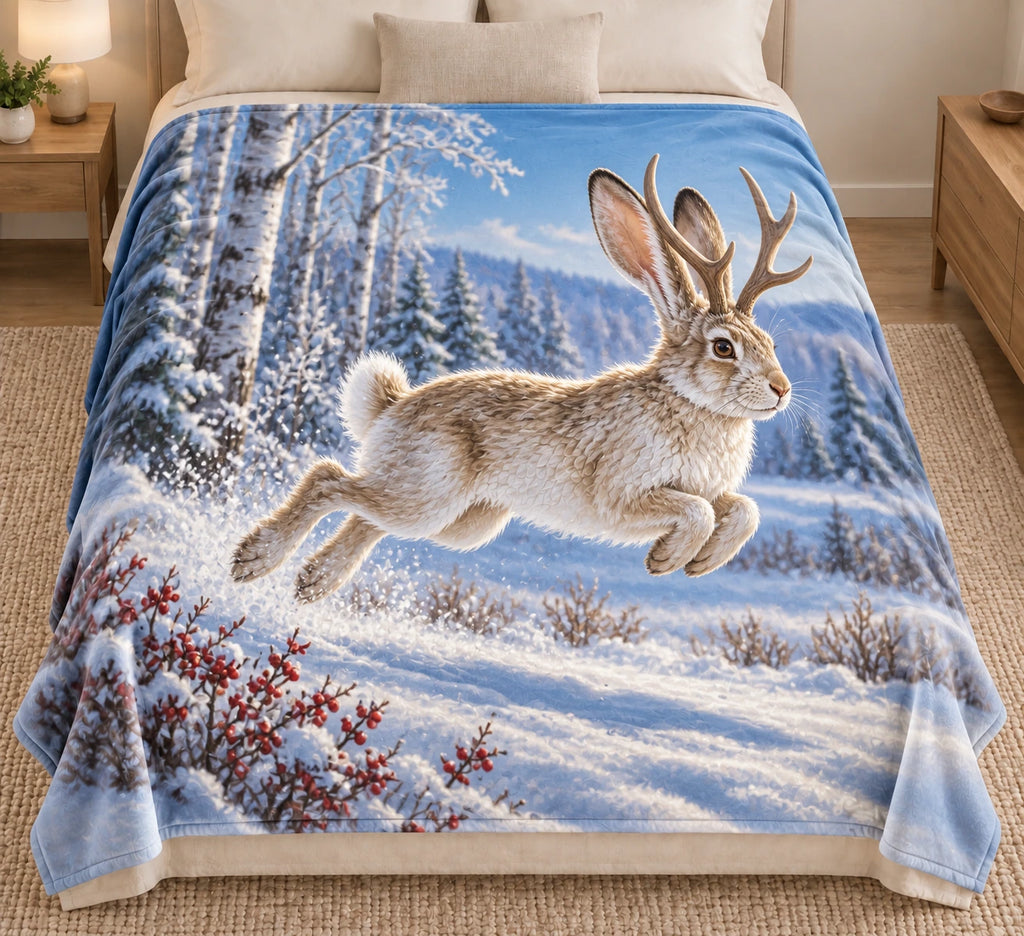 Jackalope Snow Leap Fleece Throw Blanket with printed fur and leaping woodland depth