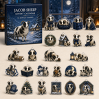 Jacob Sheep advent calendar box and full set of 24 illustrated acrylic charms on a light tabletop