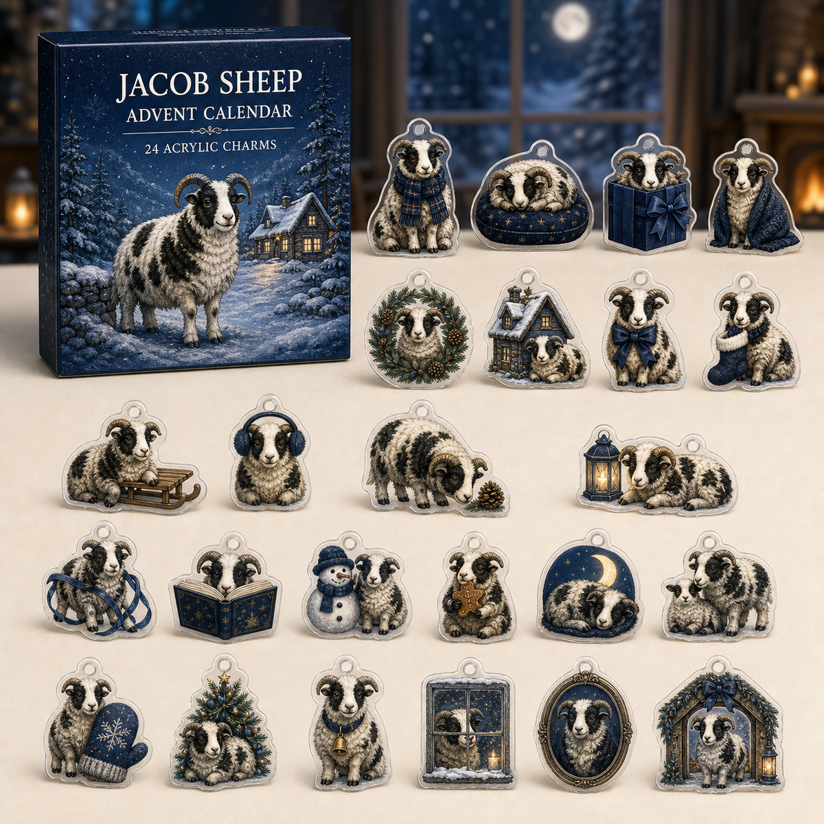Jacob Sheep advent calendar box and full set of 24 illustrated acrylic charms on a light tabletop